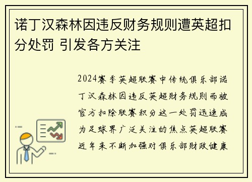 诺丁汉森林因违反财务规则遭英超扣分处罚 引发各方关注